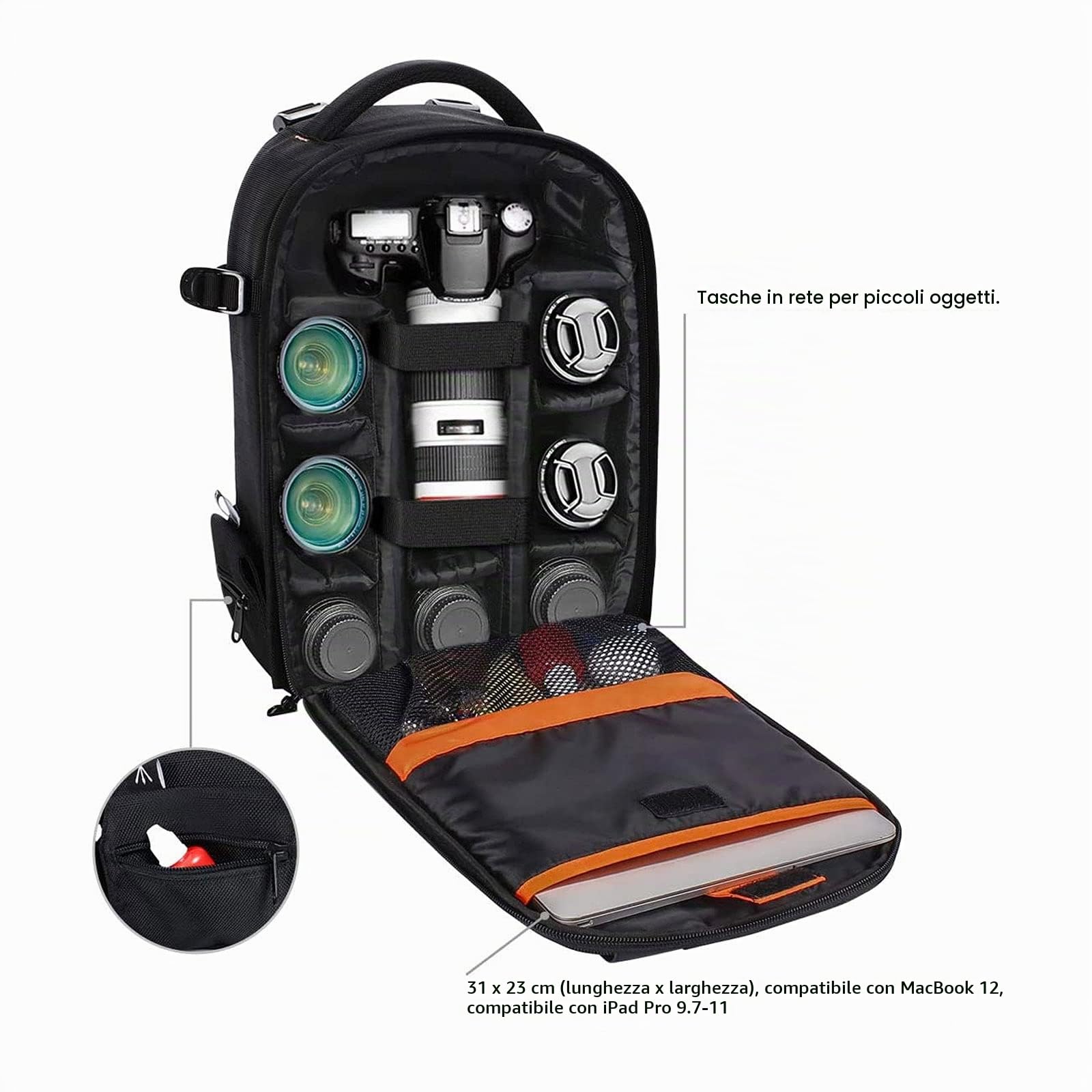 MOSISO Zaino Fotocamera,Zaino Fotografico DSLR/SLR/Mirrorless, Imbottito, | Antiurto, con Inserti Modulari Personalizzati&Supporto per Treppiede Compatibile con Canon, Nikon, Sony etc,Nero