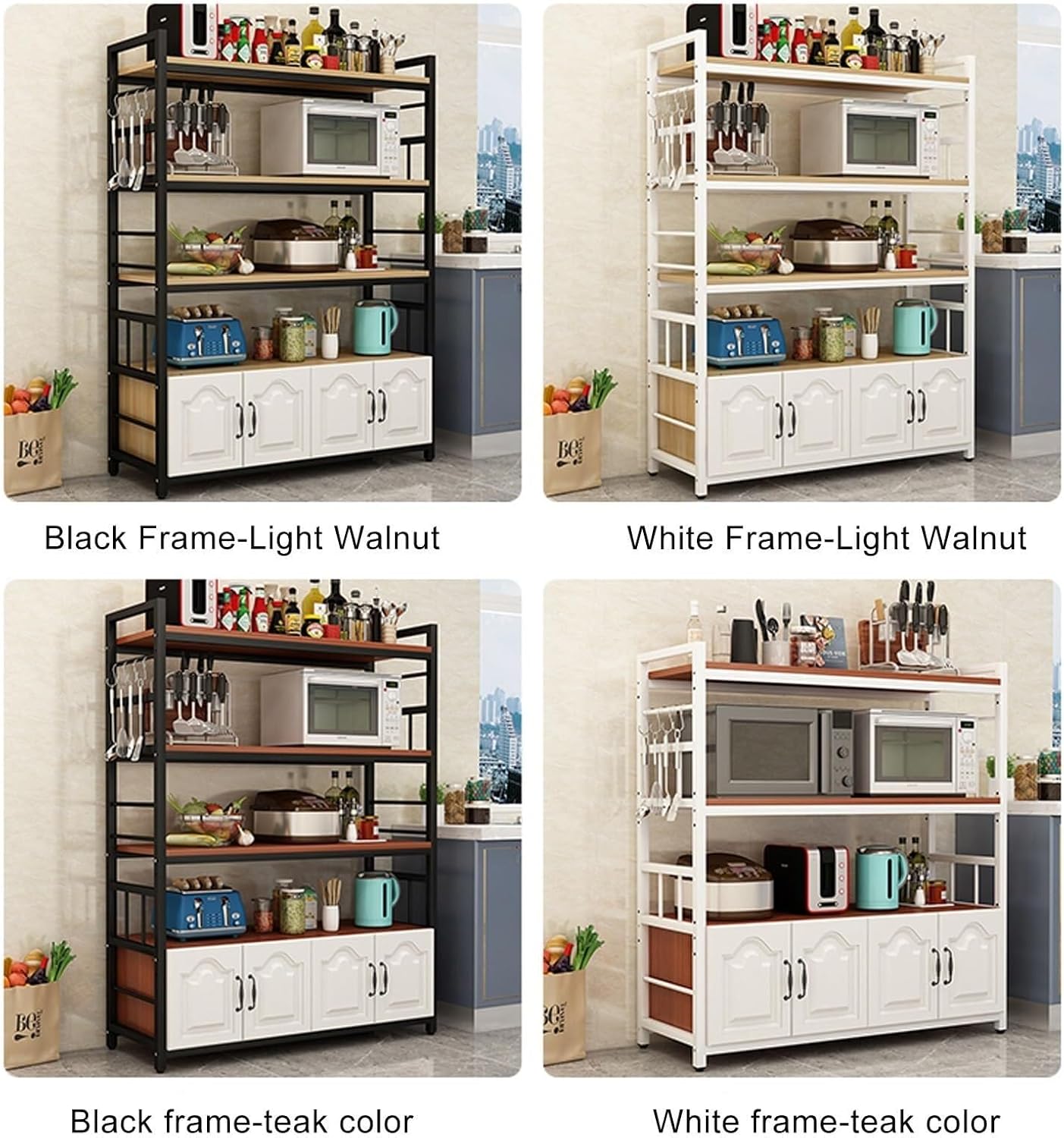 Adjustable Kitchen Bakers Rack Storage Cabinet - Metal Microwave Stand & Buffet with Doors, 200kg Load Capacity for Kitchen, Dining & Living Room Organization