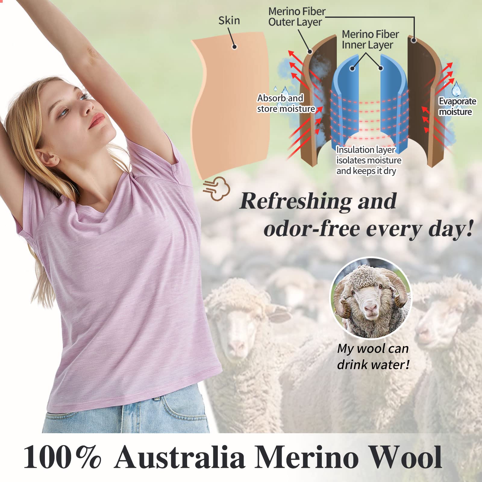 Merino Protect 100% Merino Wolle V-Ausschnitt Shirt Damen Kurzarm Wolle Unterhemd Geruchsresistenz Funktionsunterwäsche Reisen Wandern Merinowolle Unterwäsche