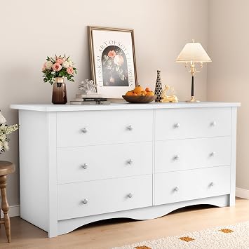 Shahoo Dresser for Bedroom, 6 Drawer Dressers, Storage Tower Unit, Modern Closet Store Organizer for Hallway Warm White