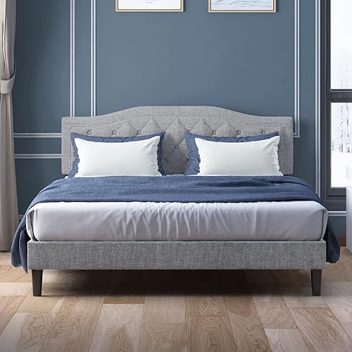 Mjkone Base de cama tamaño King con cabecera ajustable, marco de cama tapizado con diseño capitoné con botones, no necesita somier, base de cama