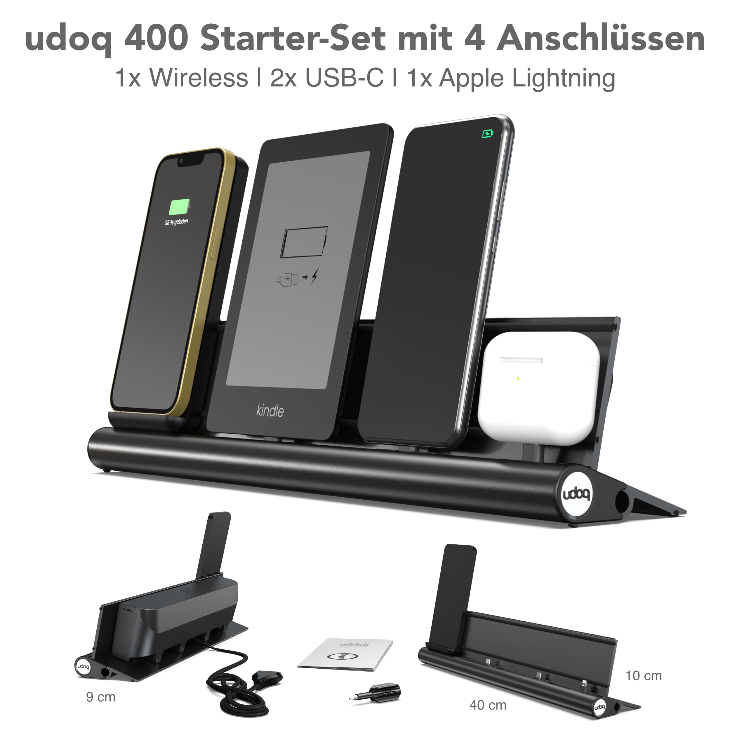 udoq 400 Stacja ładująca dla wszystkich telefonów komórkowych, wysokiej jakości wzornictwo 4mm aluminium, Bezprzewodowy i kabel do Apple iPhone Android Samsung Huawei, ciemnoszary