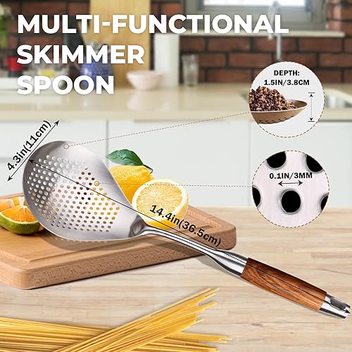 Miniatura 2 de Skimmer - Cuchara ranurada de 16.5 pulgadas pequeña de acero inoxidable 304 para pasta, cuchara para cocinar y freír, cuchara coladora de metal con