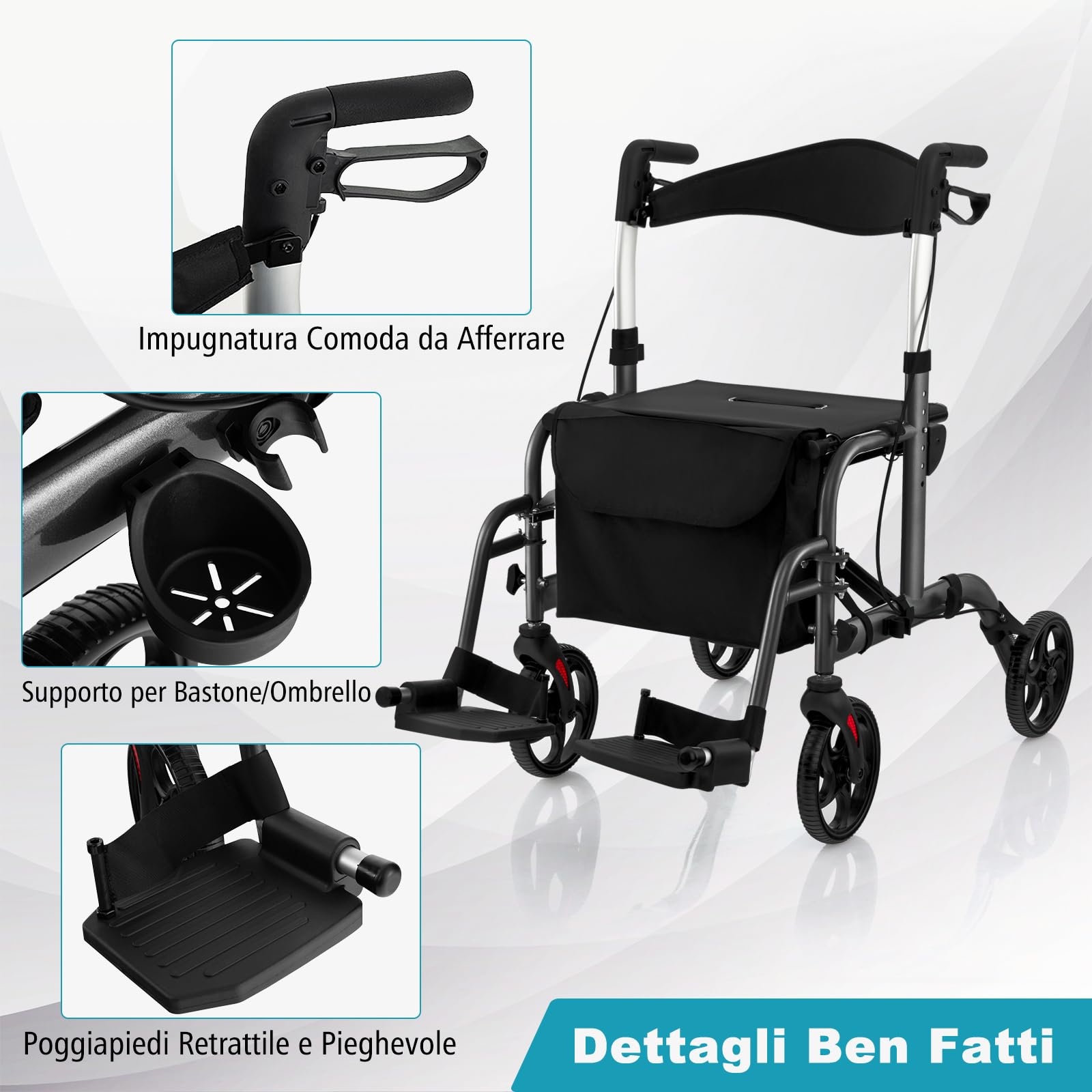 COSTWAY Deambulatore Multiuso 2 in 1, Deambulatore per Anziani in Alluminio con Altezza Regolabile a 6 Livelli, Poggiapiedi Pieghevole (Nero)