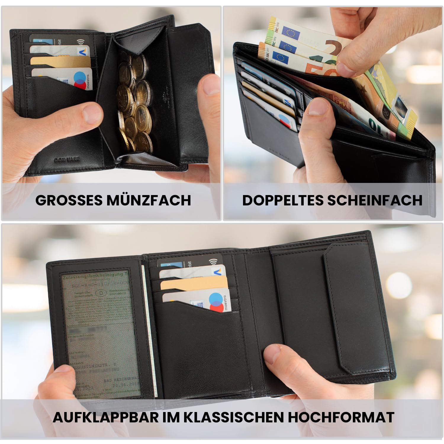 Elite Highline - Geldbörse Herren Leder mit RFID Schutz I Großes Portemonnaie 13 Fächer mit Münzfach I Echtleder Geldbeutel Hochformat für Männer I Brieftasche Portmonee Wallet Schwarz
