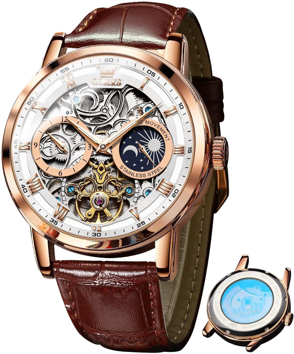 OLEVS Skeleton Watches for Mens Automatic Mechanical Self Winding Tourbillon Leather Strap Luxury Dress Moon Phase Wrist Watches Waterproof Luminous