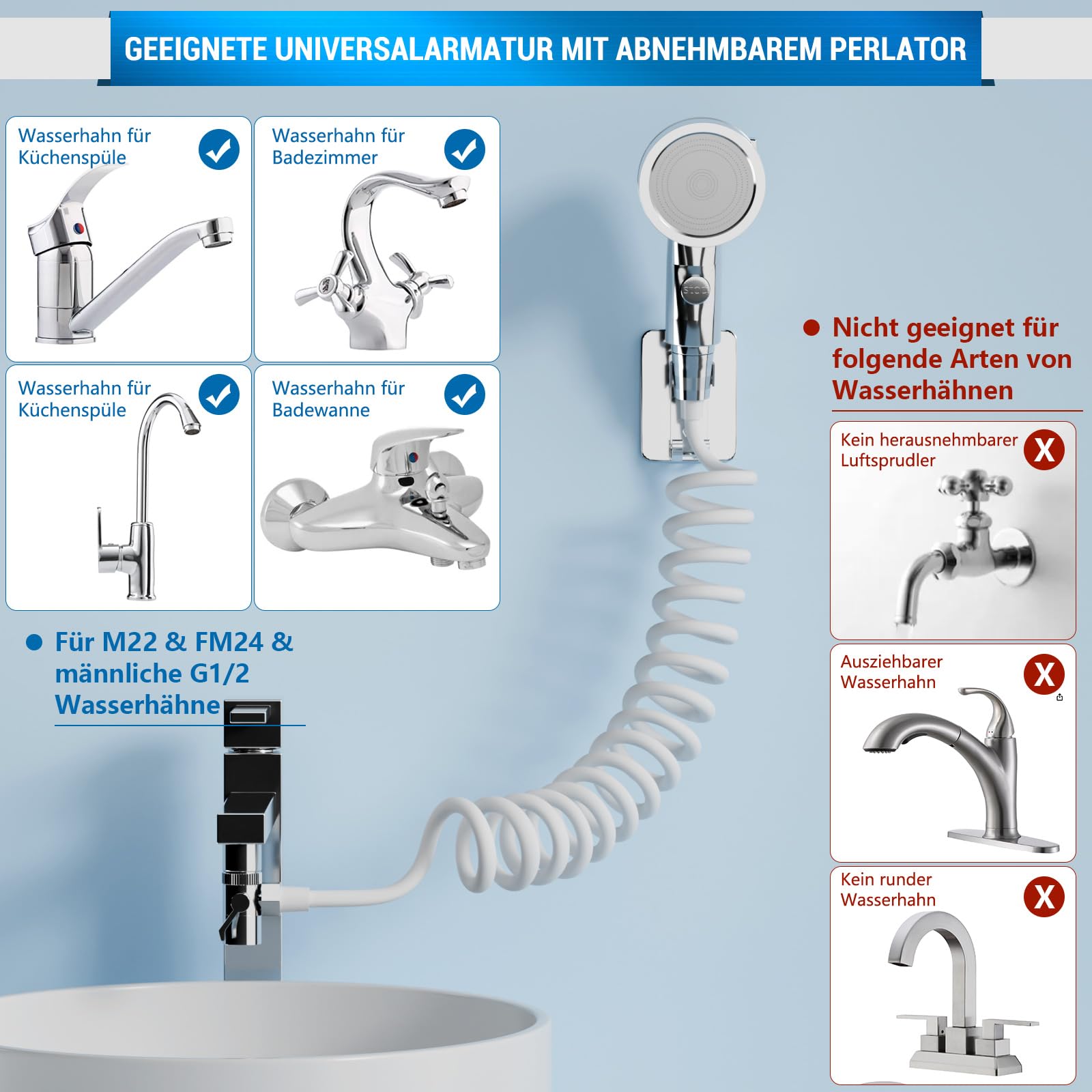 Handbrause für Waschbecken, Waschbeckenbrause mit Schlauch, Handbrause Duschkopf Set Mit Halterung, Waschbeckenbrause zum Haarewaschen, Wasserhahn, Bad für Behinderungen, Altere Menschen (Silber)