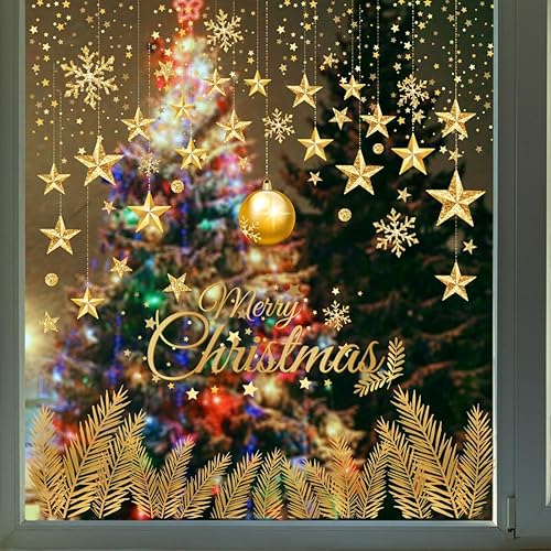 30.71 x 34.25 pulgadas se adhiere a ventana de Navidad de doble cara dorada con estrella de Navidad para suministros de fiesta de Navidad,