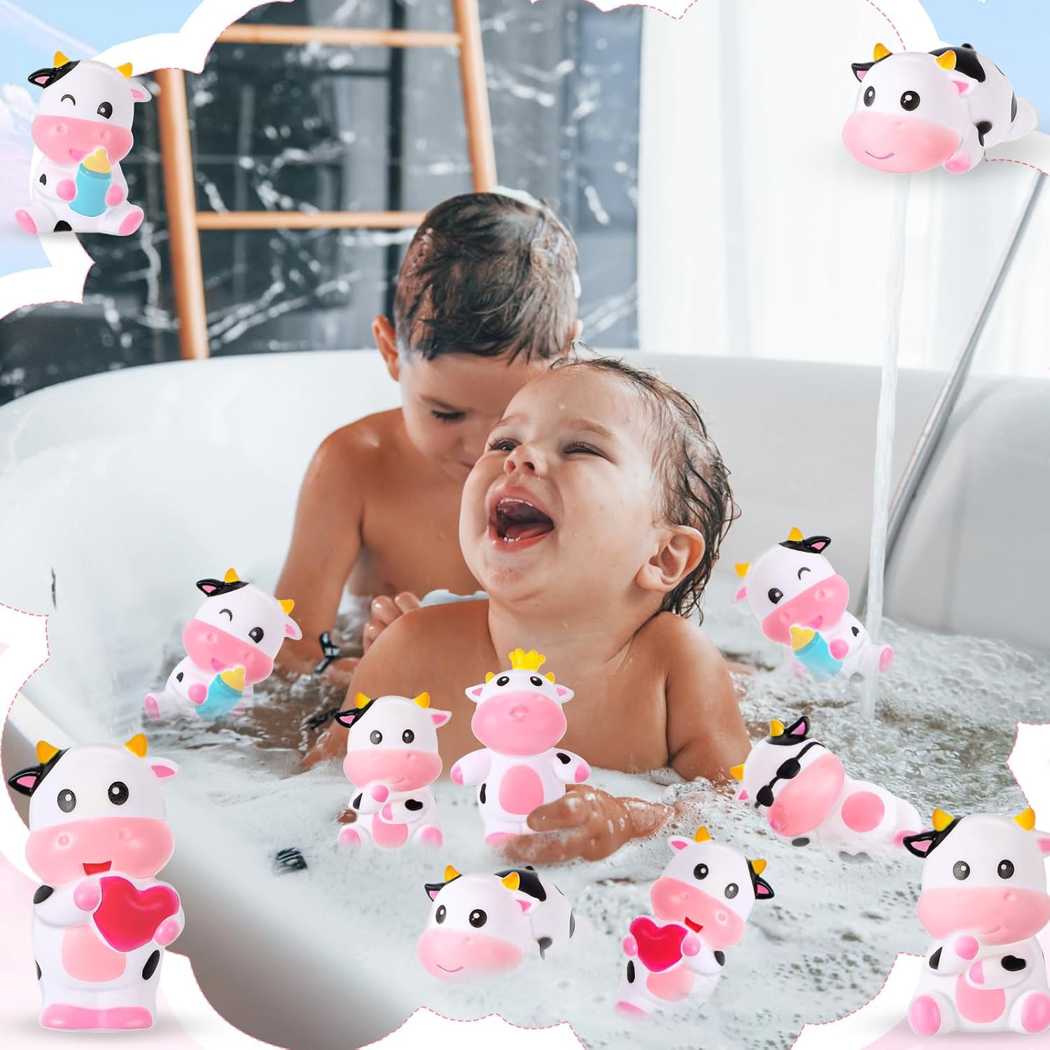 Jenaai 48 Pcs Cute Rubber Cows Bulk Squeak Floating Cow for Kids Bath Toys Rubber Animals Swimming Shower Bathtub Toy Favors for Party Baby Shower Dashboard Decor Carnival Gift