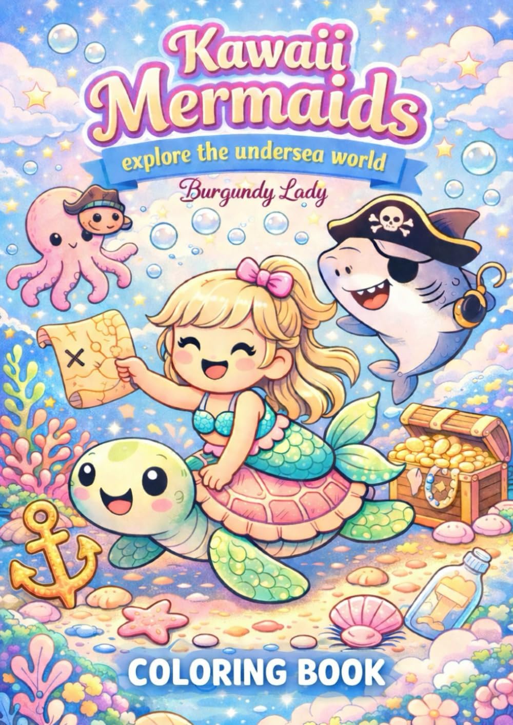 Kawaii Mermaids Explore The Undersea World: Coloring Book for Children with Easy and Simple Patterns and Cute Animal and Fantasy Sea Characters.