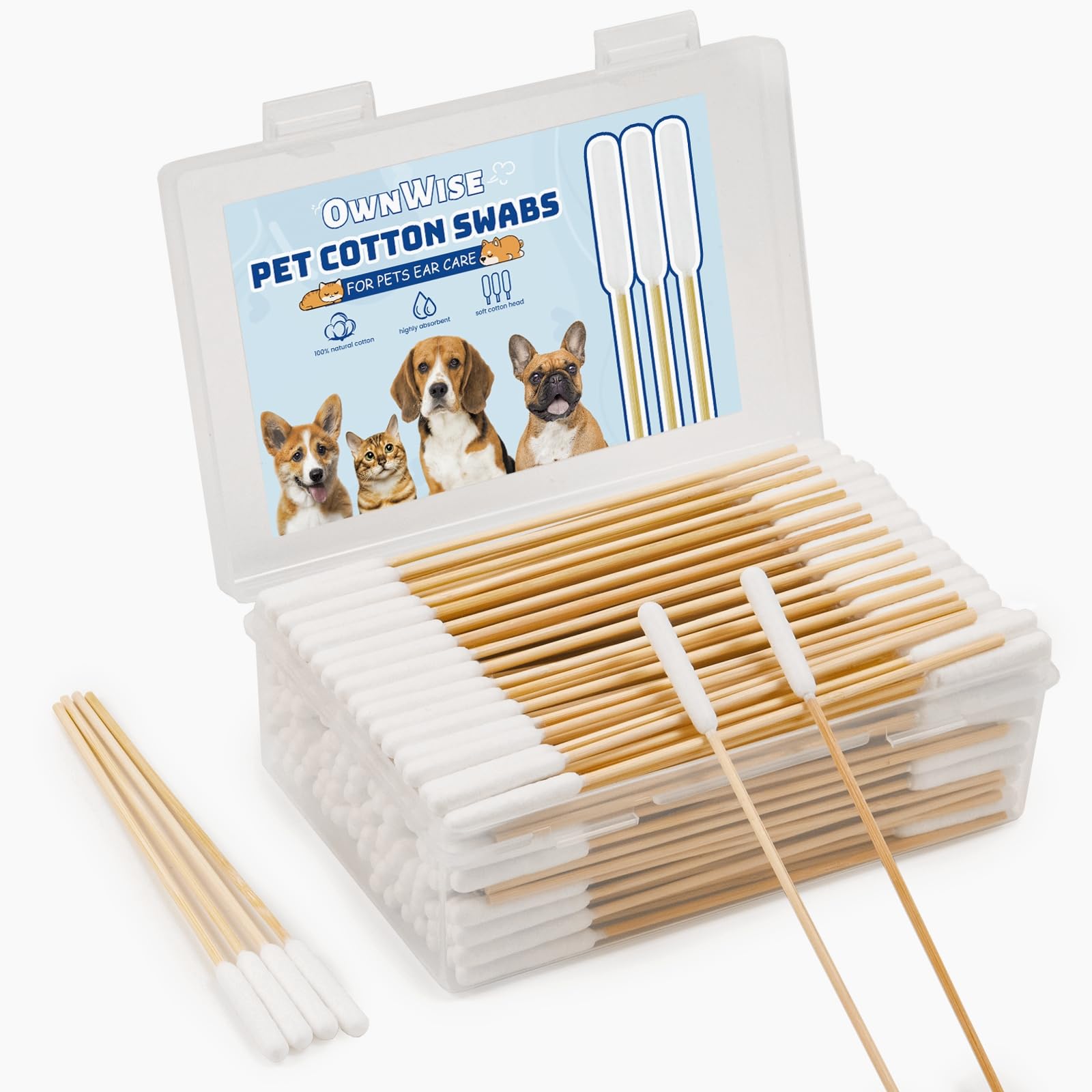200 Pcs Dog Ear Swabs - 6 Inch Long Cotton Swabs with Absorbency Soft Cotton Tips for Dog