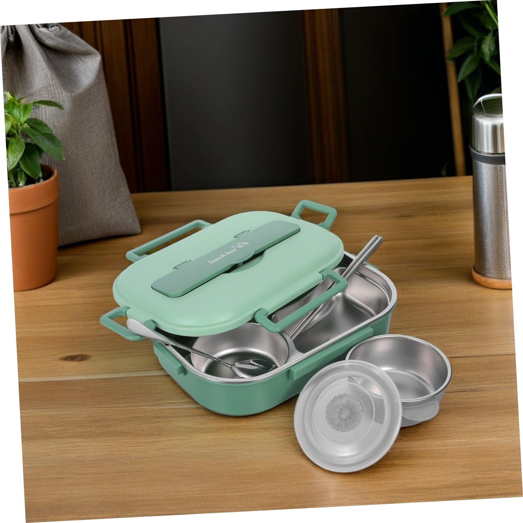 Fiambrera Bento para Adultos de Acero Inoxidable 1500ml, 4 Compartimentos | Verde, Hermética y Dividida, Incluye Tazón para Sopa, Vajilla, Palillos y Cuchara, Decoracion Colegio