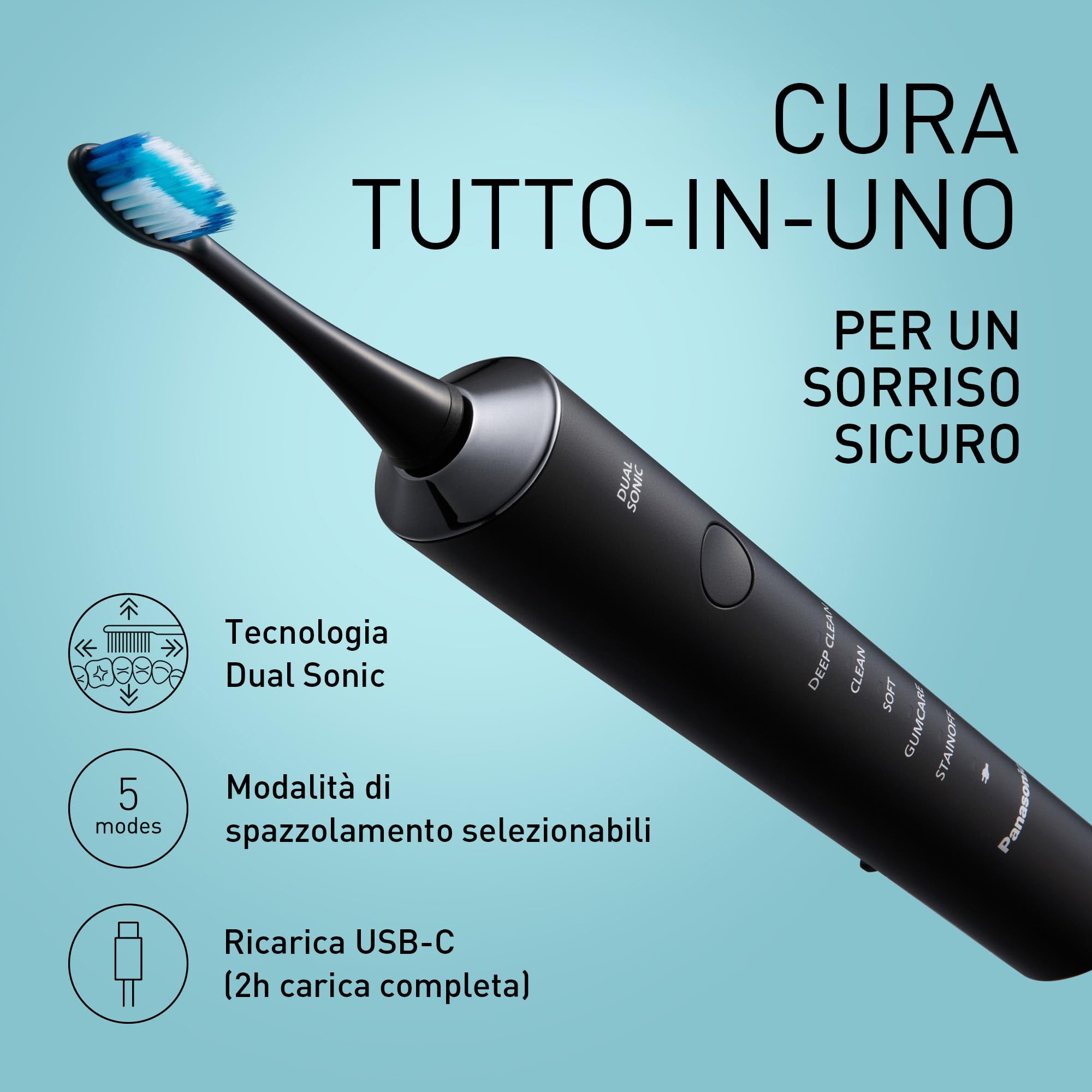 Panasonic EW-DC75 Spazzolino Sonico, Doppia Tecnologia Sonica, Nero | 5 Modalità, Testine Ultra-Fini, Ricarica Rapida USB-C, Custodia da Viaggio
