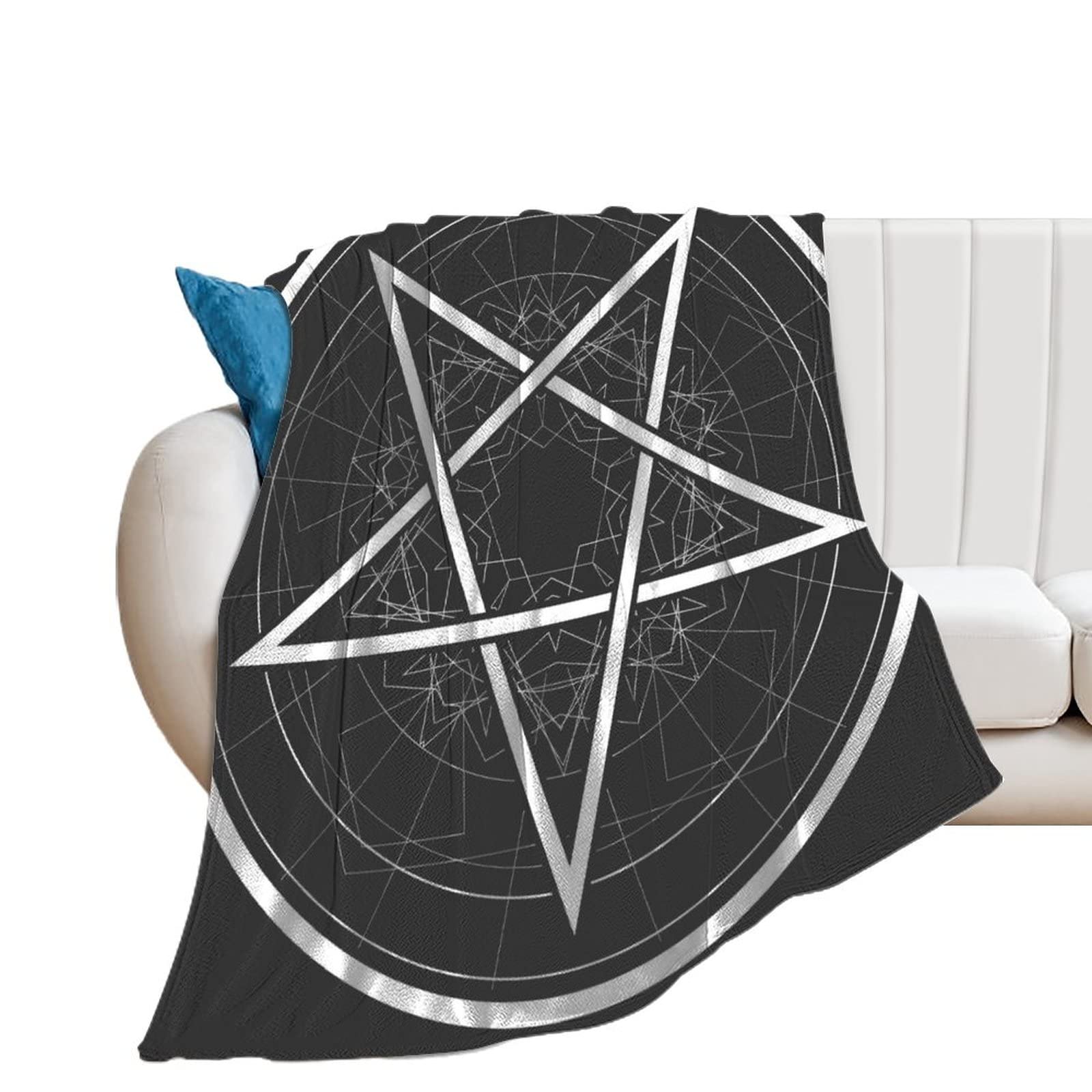 Plaid canapé pentagramme blanc noir en flanelle douce et finitions premium 130x150cm