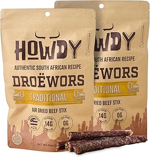 Howdysnax Handcraft Authentic Small Batch Droëwors Beef Sticks Sugar Free, Soy Free, Paleo & Keto Friendly Snack (Two 8oz Packs)