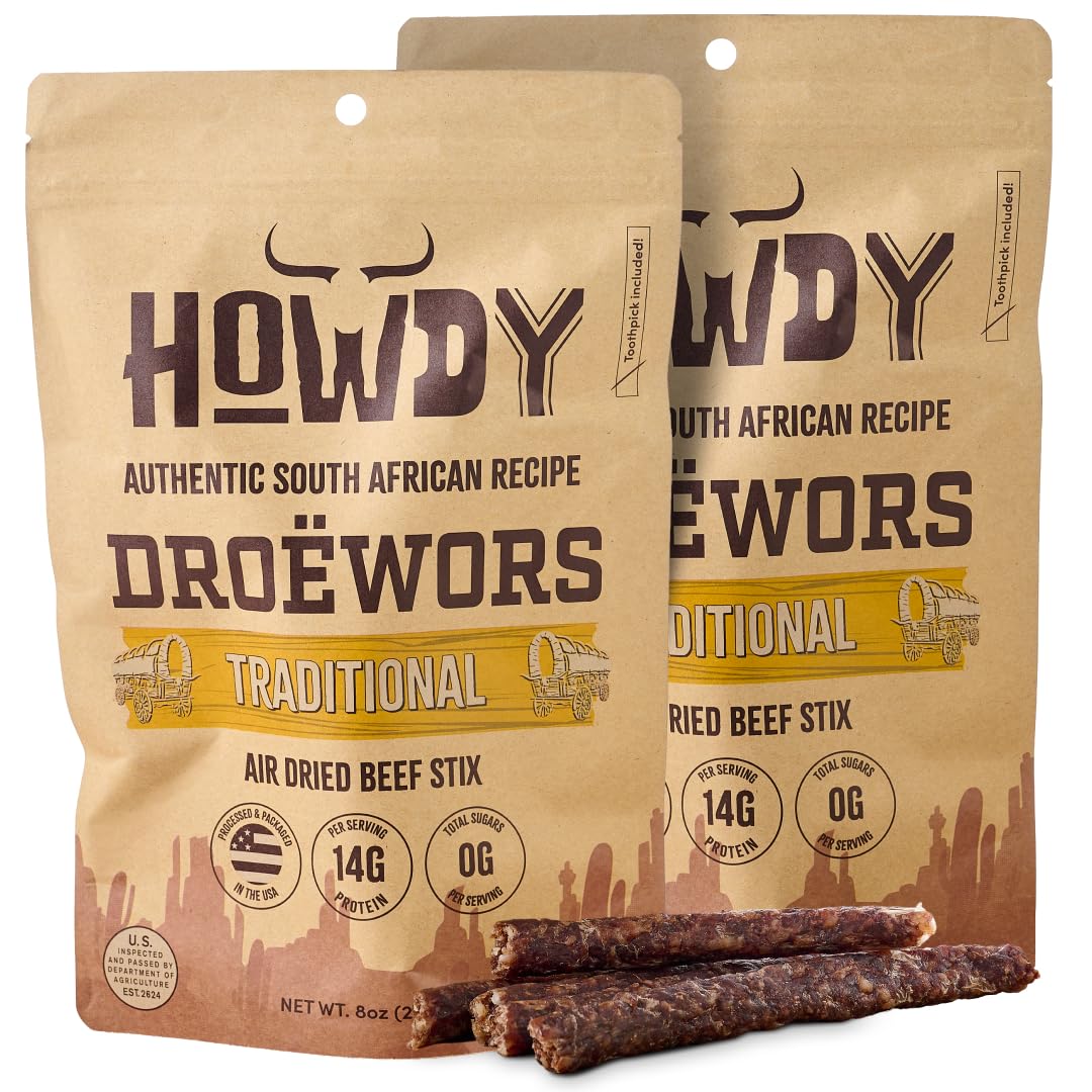 Howdysnax Handcraft Authentic Small Batch Droëwors Beef Sticks Sugar Free, Soy Free, Paleo & Keto Friendly Snack (Two 8oz Packs)