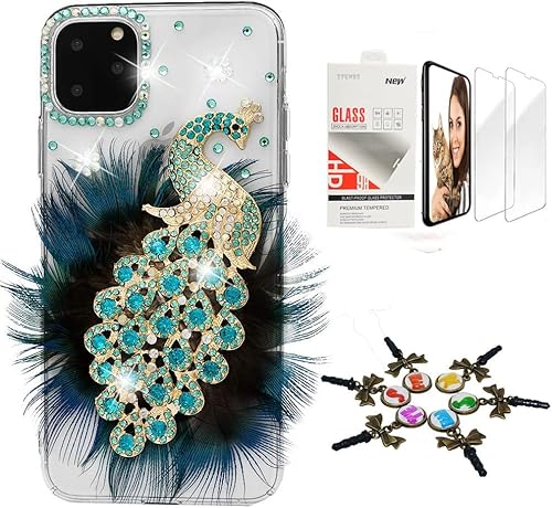 STENES Sparkle Funda compatible con iPhone 13 Pro Elegante funda 3D hecha a mano con diamantes de imitación de cristal de pavo real brillante con