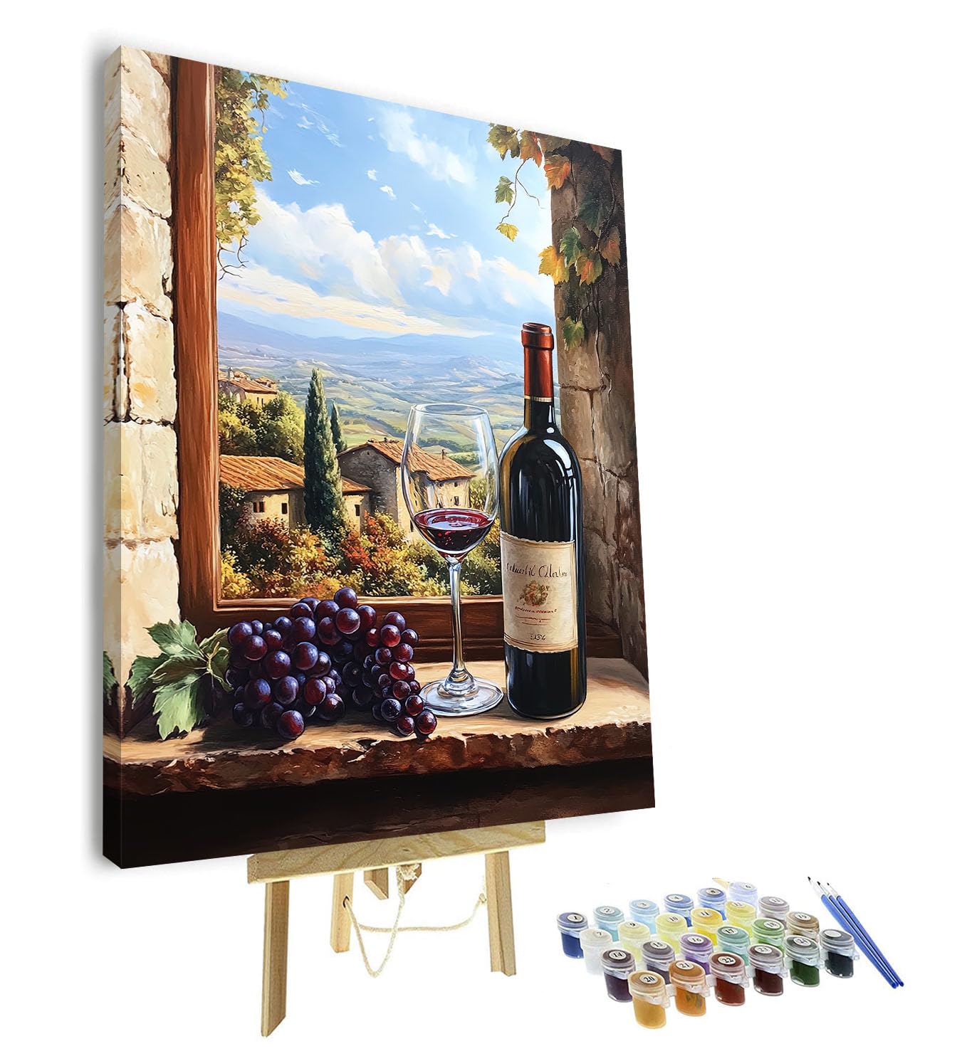 TISHIRON Paint by Numbers Kit for Adults Beginner - Vineyard Window View with Bottle and Glass of Red Wine, Grapes and Scenic Landscape, Relaxing DIY Arts and Crafts for Adults, 16x20 Inch(Framed)