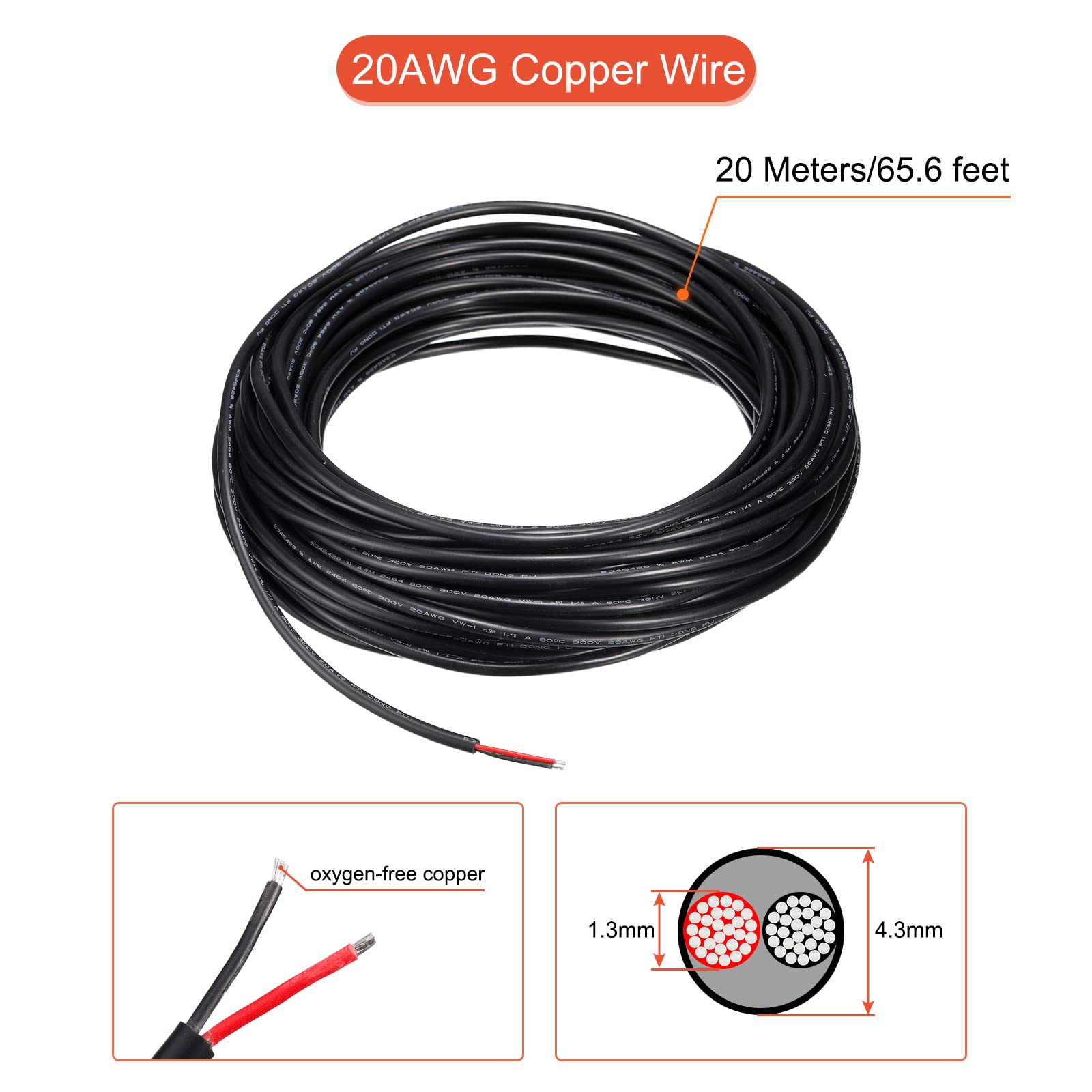 Amazon | uxcell 電源ケーブル 2芯電線 20AWG 長さ20m PVC配線コード