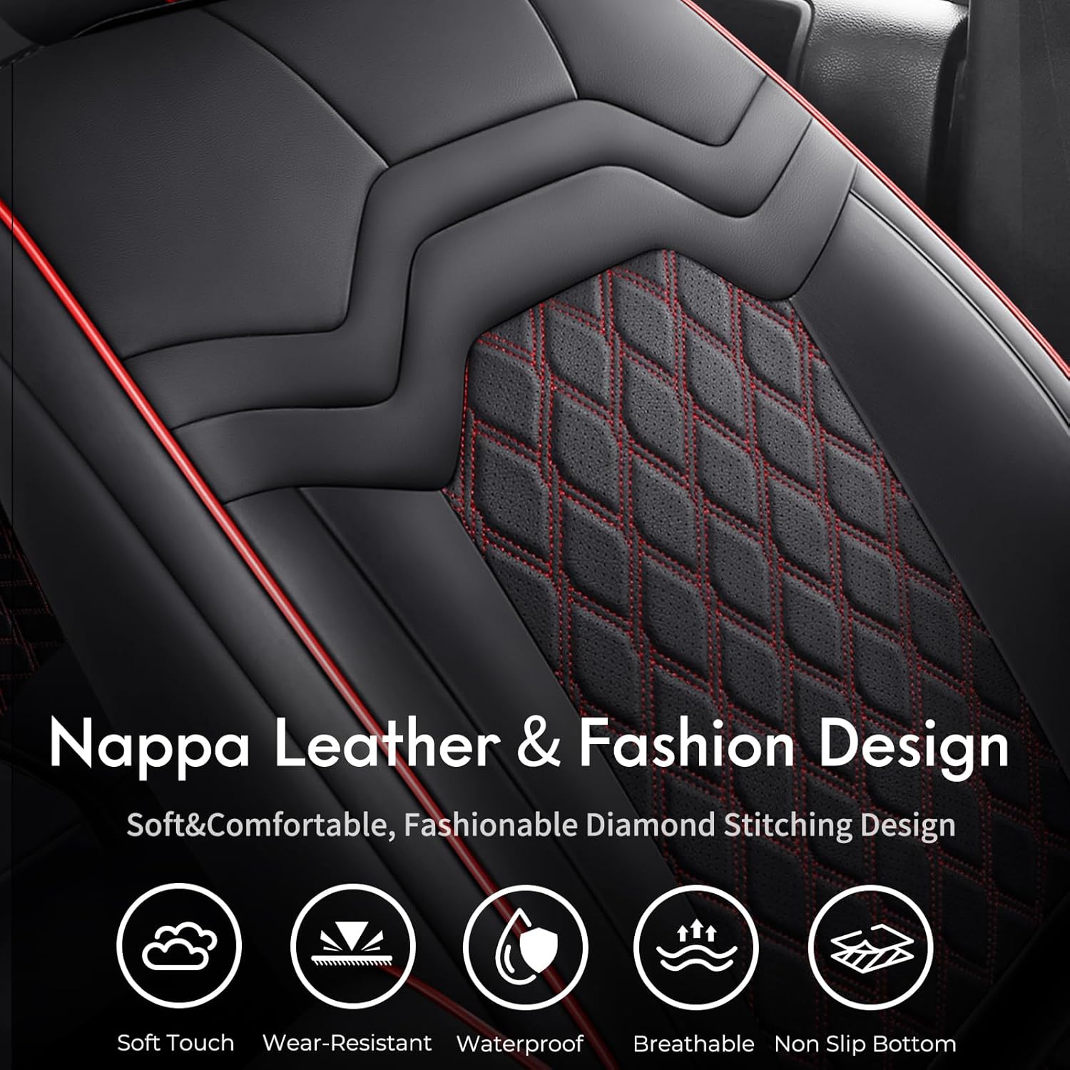Huidasource Tacoma Leather Seat Covers Full Set Fit for 3rd Gen Toyota Tacoma 2016-2023 Double & Crew Cab SR SR5 Limited TRD Sport/Pro/Off Road, Truck Car Seat Cushion Cover Protector, Black&Red
