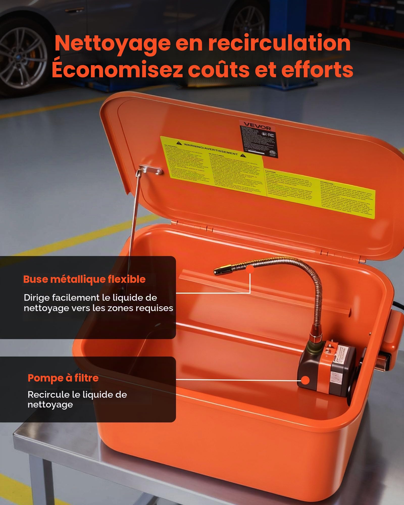 VEVOR Fontaine de Nettoyage, Fontaine de Dégraissage, Cuve de Nettoyage 19 L, Capacité Solvant 13 L, Bac de Lavage pour Pièces Mécaniques Auto Garage Atelier, Nettoyeur Portable avec Pompe Électrique