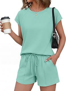 Ekouaer Cotton Pajamas for Women Set 2 Piece Cap Sleeve Lounge Sets | Soft Casual, Summer Fall, Crew Neck Matching Sets Travel Vacation Outfits With Pockets for Daily Wear