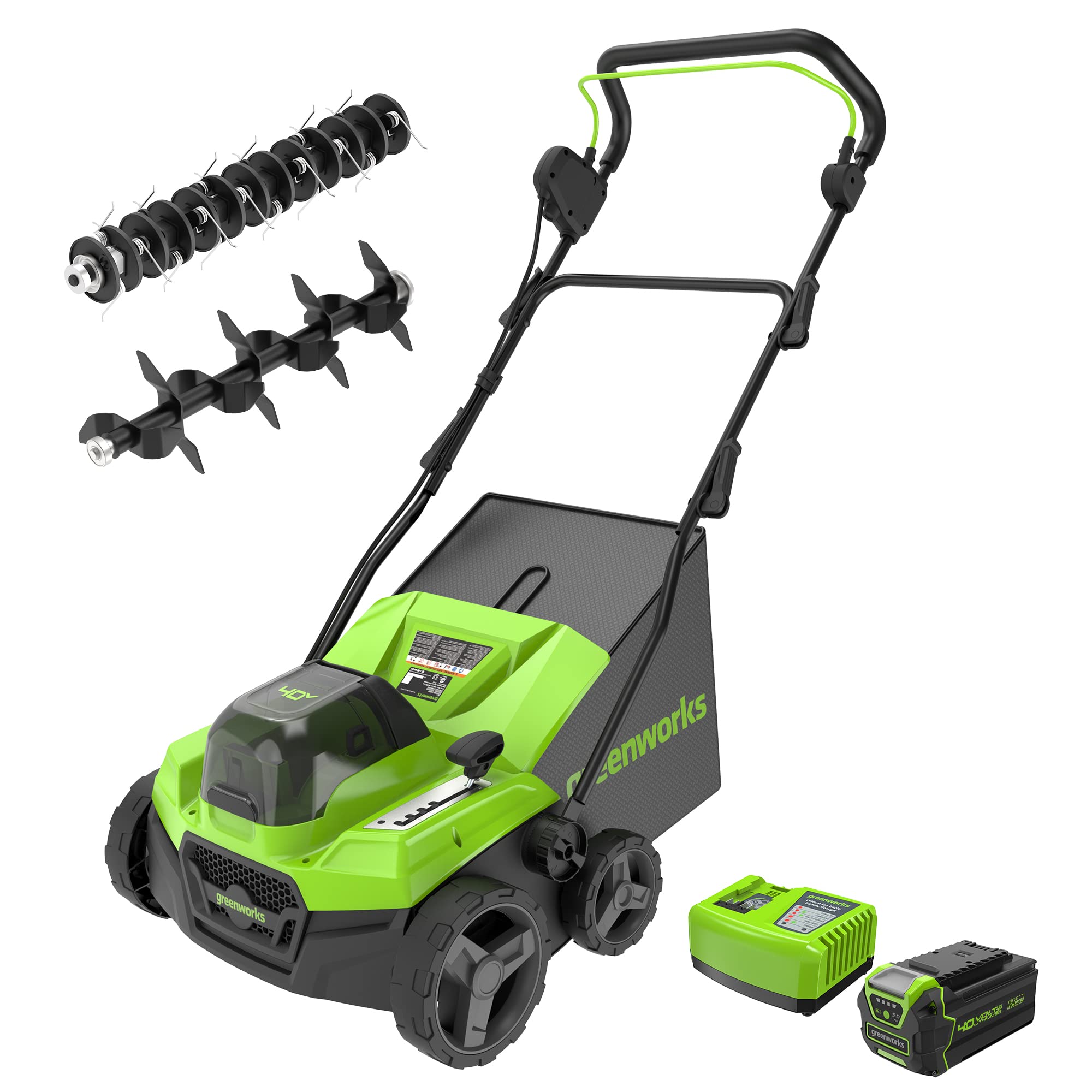 Greenworks 40V 15inch Dethatcher/Scarifier, 5.0Ah USB Battery and Rapid Charger