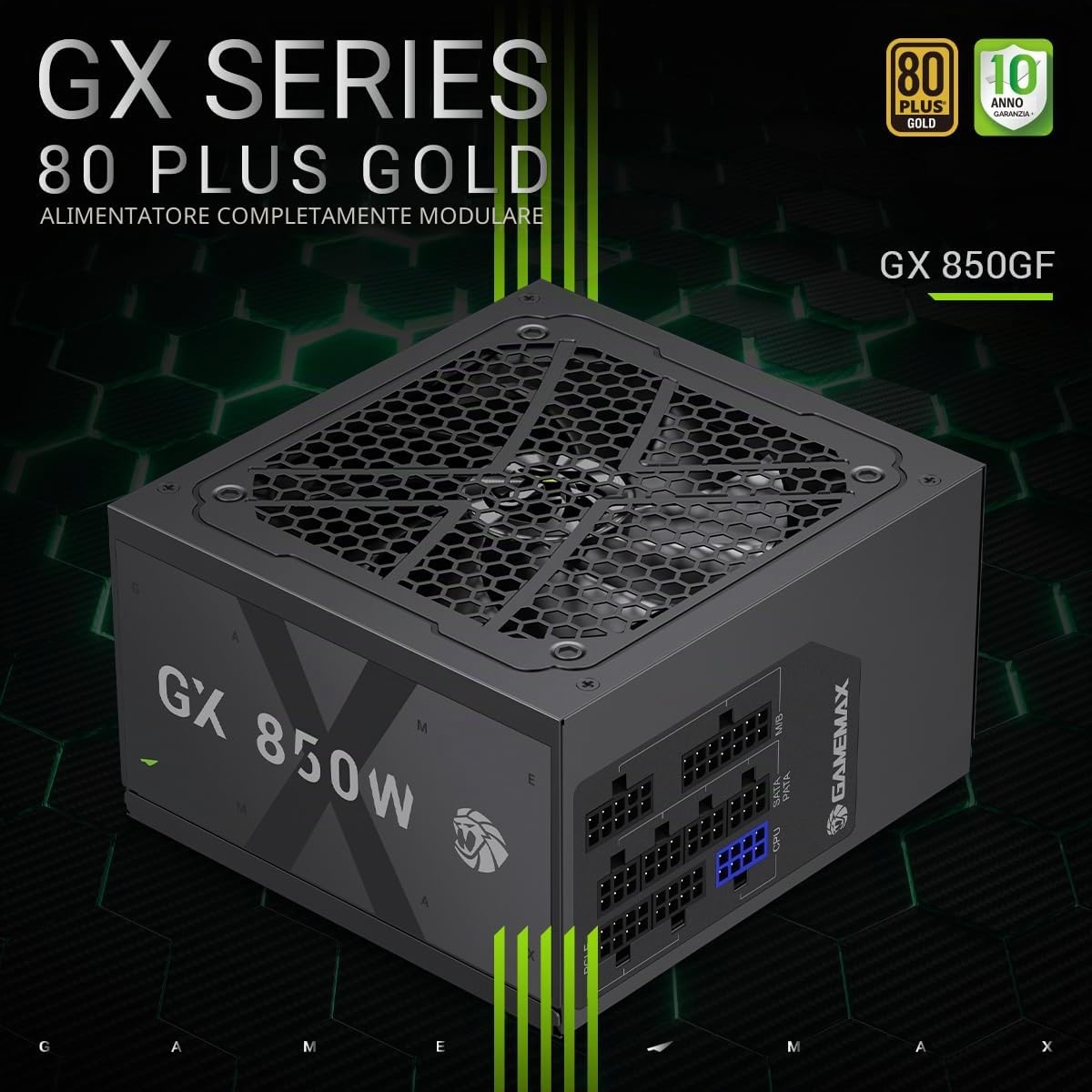 GAMEMAX GX 850GF Alimentatore PC 850W completamente modulare ATX 3.0 con cavo 12V-2x6 e supporto PCIe 5.0, 80 Plus Gold, All-Solid capacitors, ventola FDB da 120 mm, cavo in rame goffrato, cavo piatto