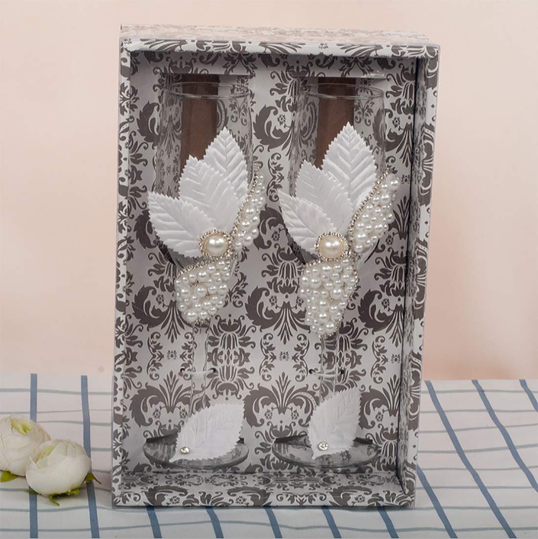 Flûtes à Champagne Mariage Blanches Avec Perles Et Strass – Verres Personnalisés Pour Mariés – Fabriqués à La Main – Hauteur 22 Cm