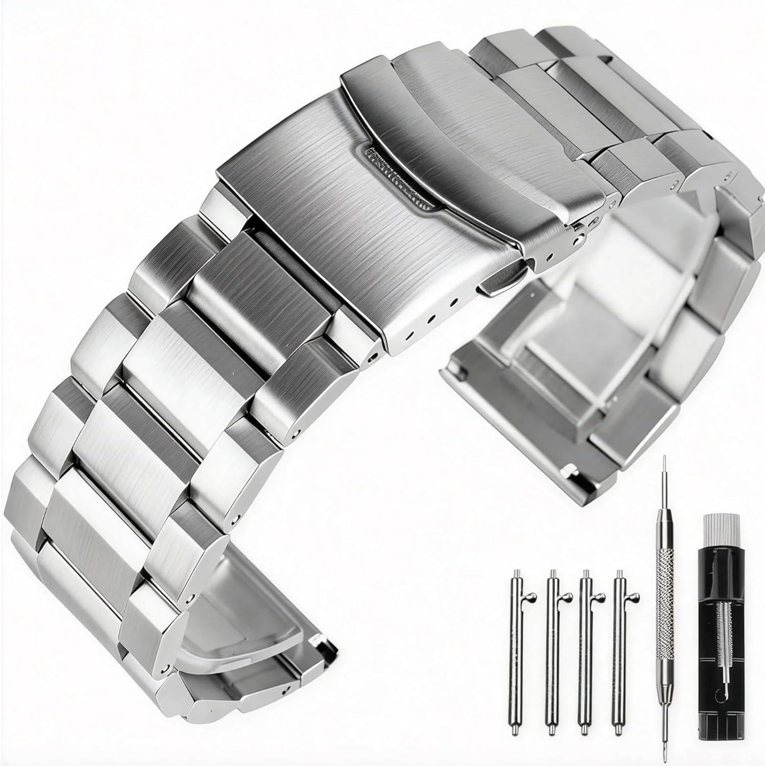 Kai Tian 18mm 20mm 22mm 24mm 26mm Stainless Steel Watch Band, Quick Release Brushed Finish Metal Watch Strap Double Buckle Bracelet Black Silver Gold Blue for Men Women