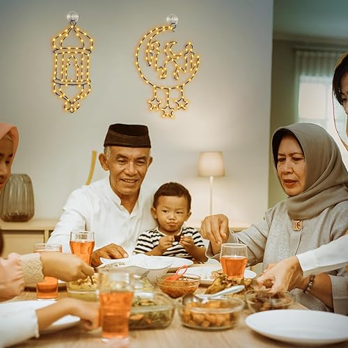 Miniatura 6 de Outus Mubarak - Luces decorativas para ventana de Ramadán, 2 unidades, luces LED de ramadán, luz de silueta de farol, batería alimentada por USB,