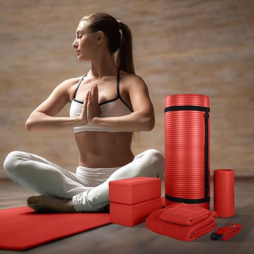 Miniatura 5 de BalanceFrom Fitness - Juego de 7 piezas de yoga para gimnasio en casa con esterilla de yoga de 1 pulgada de grosor, 2 bloques de yoga, toalla