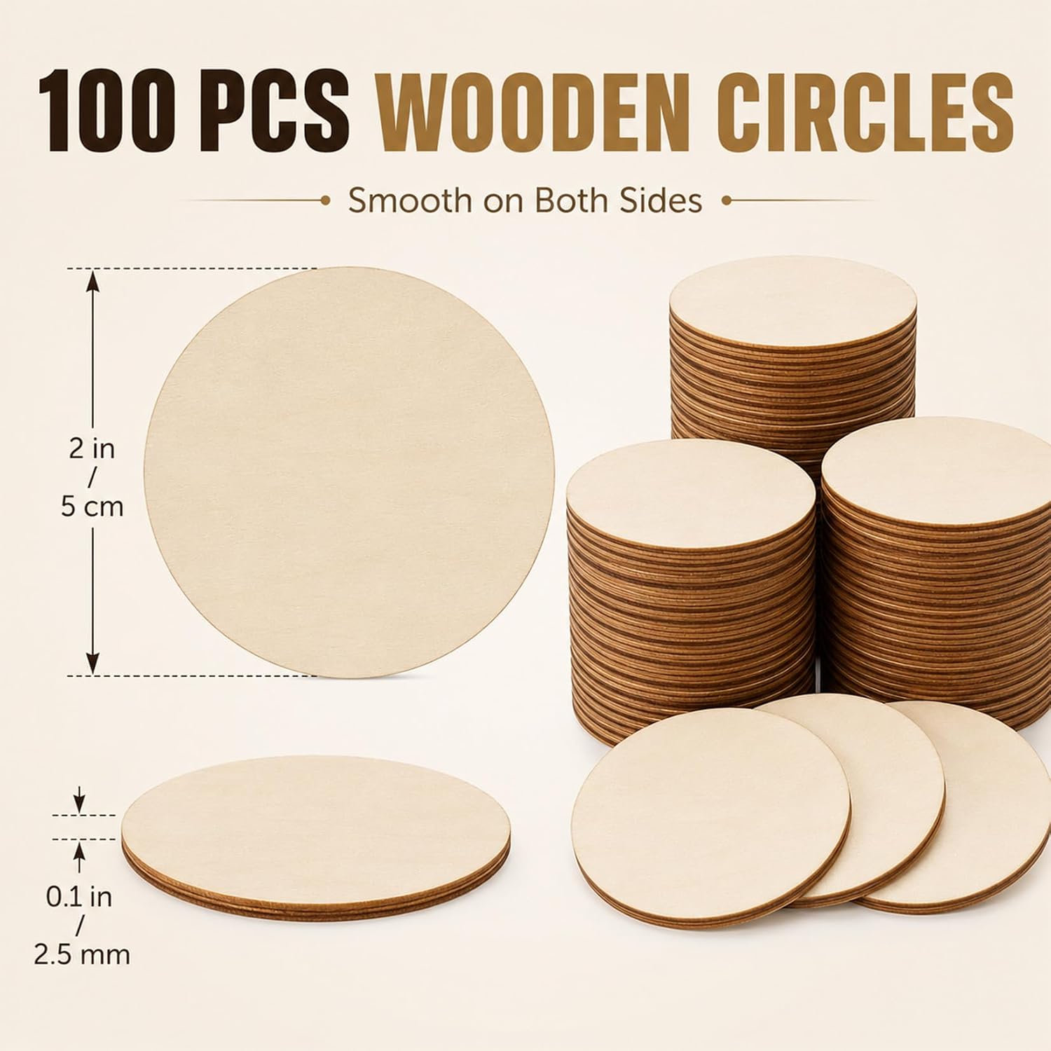 Wood Circles for Crafts - 100 Pack Small Wooden Circles, 2 Inch Unfinished Wood Round Discs Blank for Painting, Writing, DIY Classroom Projects and Creative Wood Crafts