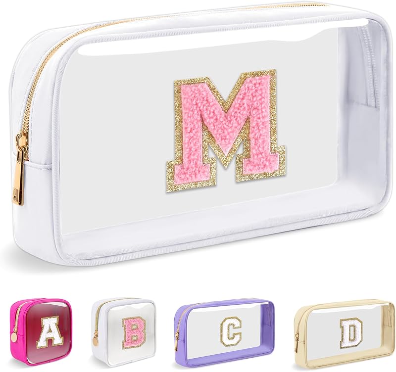 Necessaire de maquiagem transparente Iqimott com patch de letra em chenille, zíper e nylon, White-Pink M, 20,07 cm x 12,95 cm x 5,84 cm