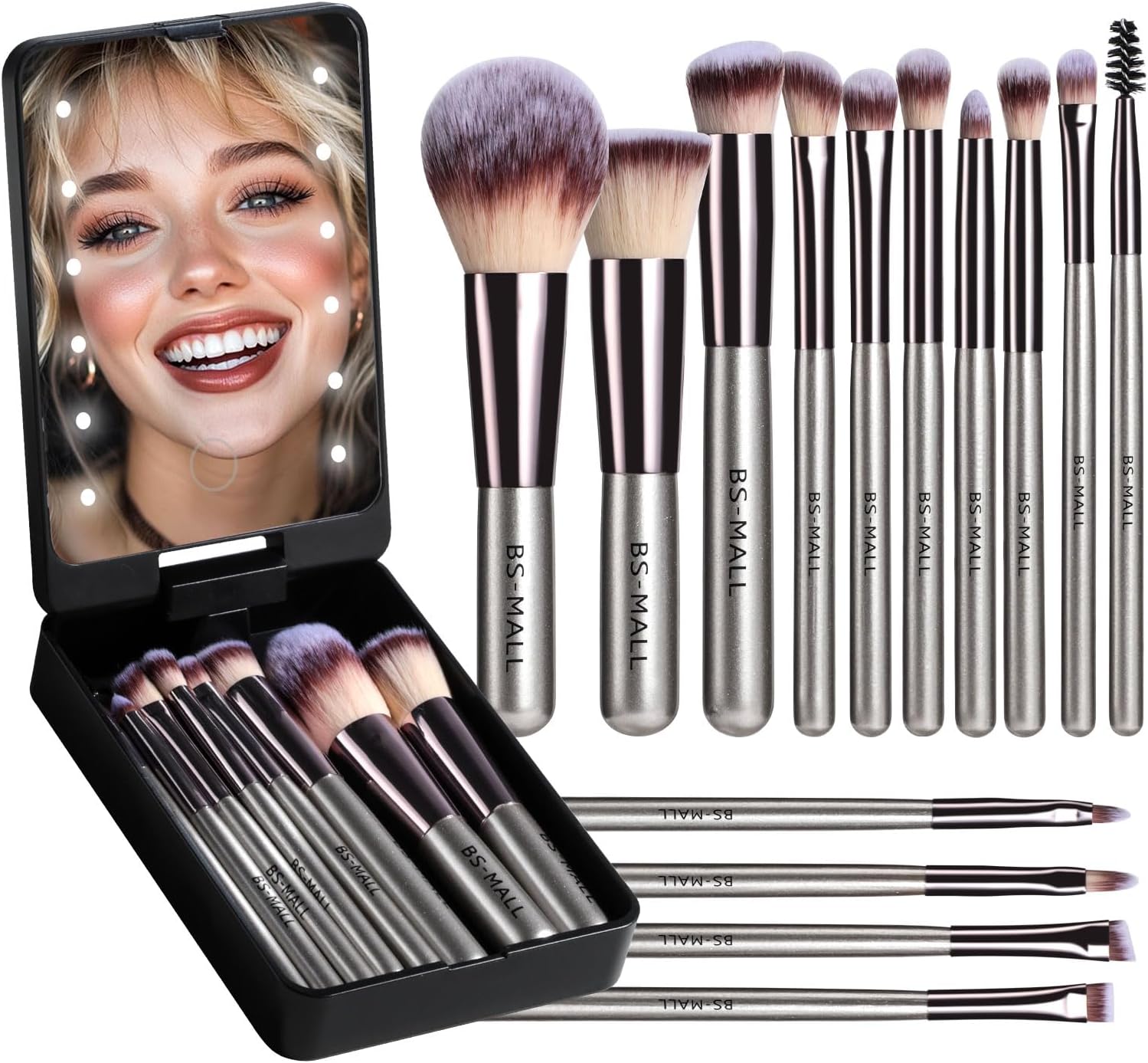BS-MALL Travel Makeup Brush Set Foundation Powder Concealers Eye Shadows Makeup Set with LED light Mirror 14 Pcs (C-Champange)