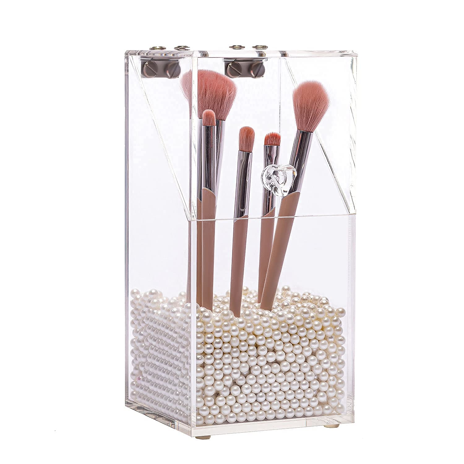 Acrylic Makeup Brush Organizer with Lid, Dustproof Clear Make up Brush Holder with White Pearl for Bathroom Dresser and Vanity Countertop