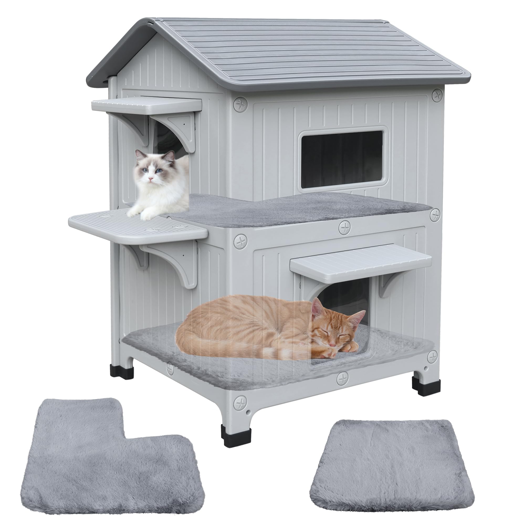 Outdoor Cat House, Two-Tier Weatherproof Cat Shelter Made of HDPE Plastic with Escape Door, Spacious for 3-4 Cats, Tool-Free Assembly & Easy to Clean