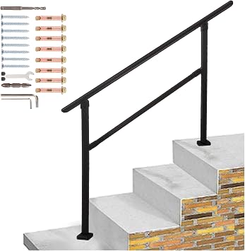 3 to 4 Step Hand Rails for Outdoor Steps,Stair Railing Kit 60 Adjustable Wrought Iron Handrails Anti-Static Exterior Hand Rail for Concrete Steps, Porch Steps,Patio,54" x 40" Black