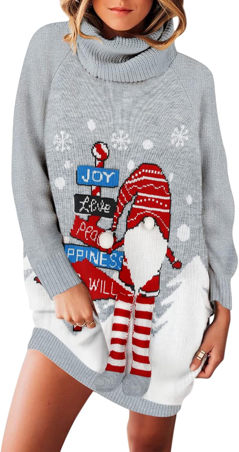 Pink Queen Ugly Christmas Sweater Dresses for Women Oversized Turtleneck Pullover Holiday Dress with Pocket