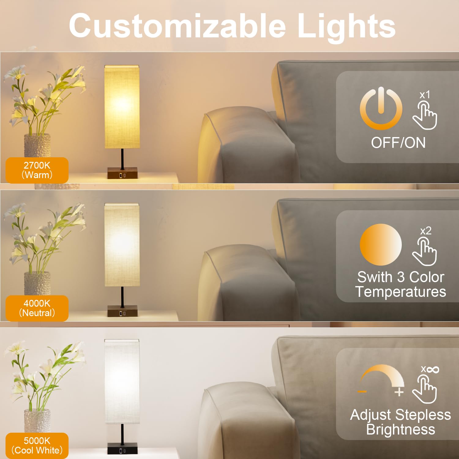 Lampe de Chevet Lot de 2 - Lampe de Bureau avec Contrôle Tactile, Lampe Chevet Chambre avec 2 *Port USB, 3 Tons & 1-100% Gradation, Ampoule Incluses
