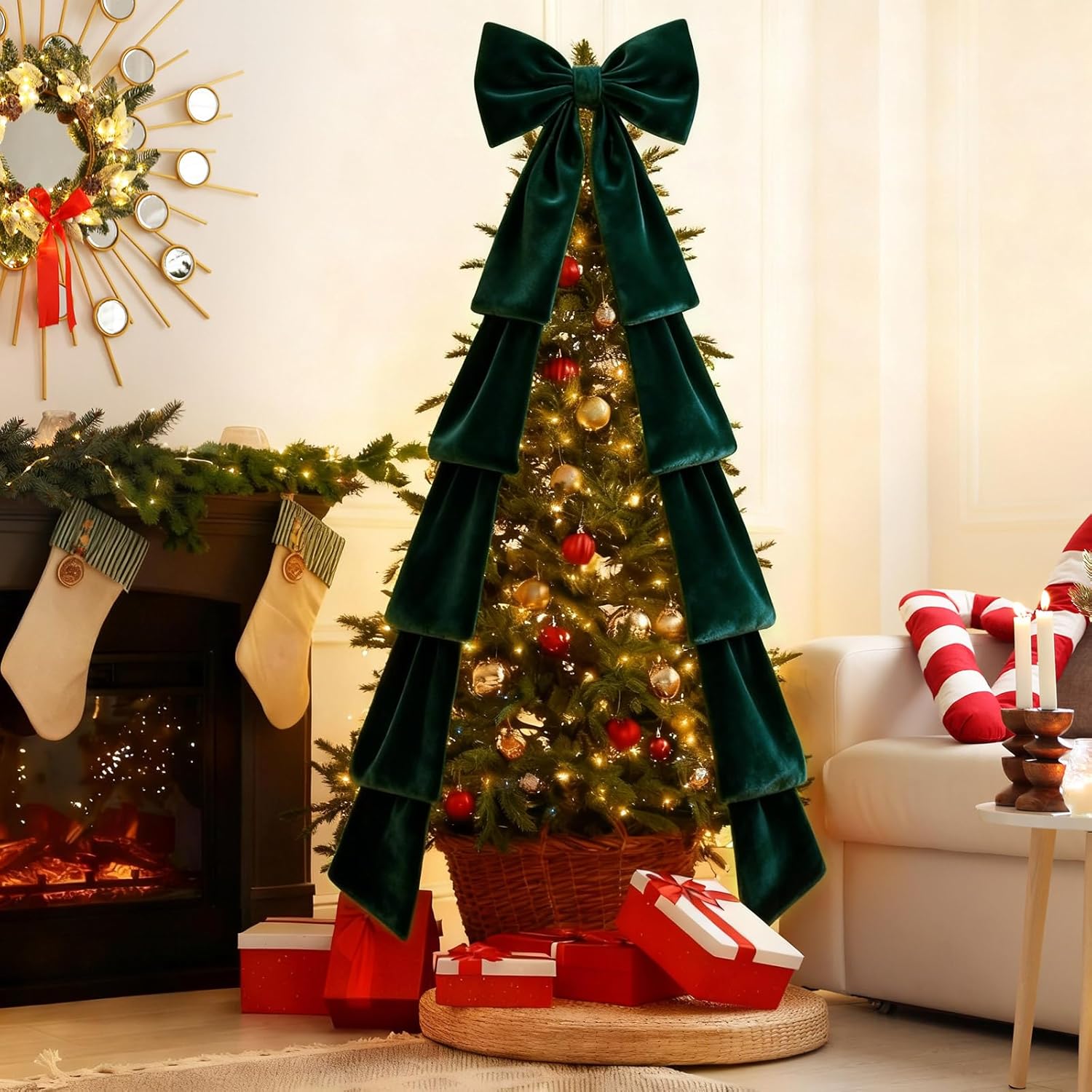 118 x 31 Inch Giant Christmas Tree Topper Bow Extra Large Velvet Bow for Christmas Decoration Huge Xmas Tree Bows with Streamers for Home Holiday Birthday Wedding Party Decor Supplies (Dark Green)