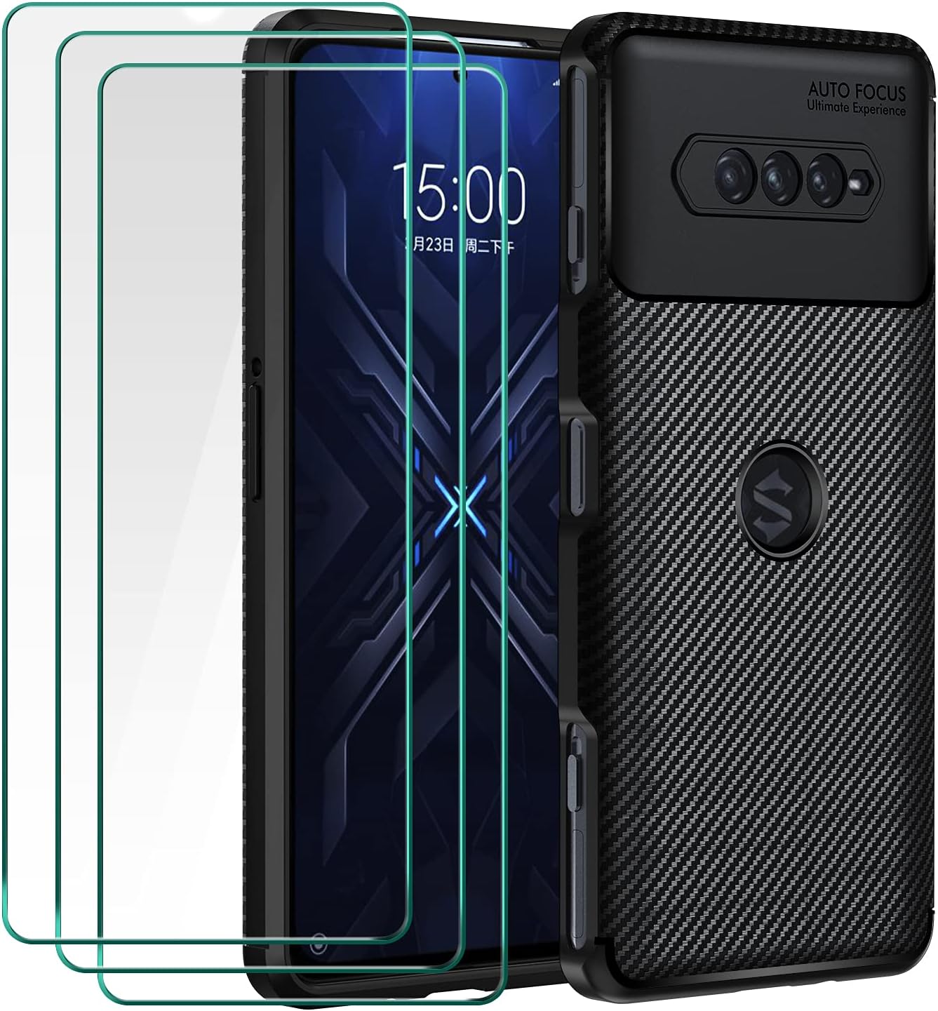 ivoler Funda para Xiaomi Black Shark 4, con 3 Piezas Cristal Templado, Fibra de Carbono Carcasa Protectora Antigolpes Negro, Suave TPU Silicona Caso Anti-Choques Case Cover