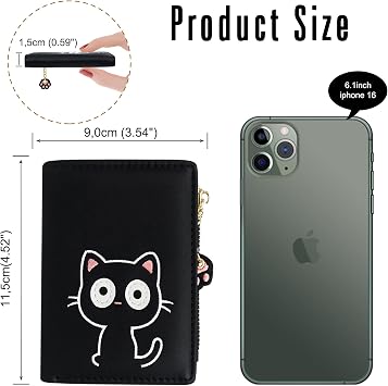 conisy Cute Small RFID Wallet for Women,Bifold Purse for Teen Girls Ladies (cat Black)