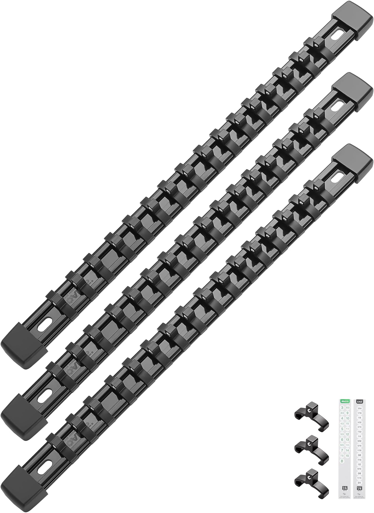 ALOANES 3PC ABS Socket Organizer, Socket Rails Fit 1/4 inch Drive, Heavy Duty Socket Holders Hold up to 48 Sockets, Black Rails with Black Clips