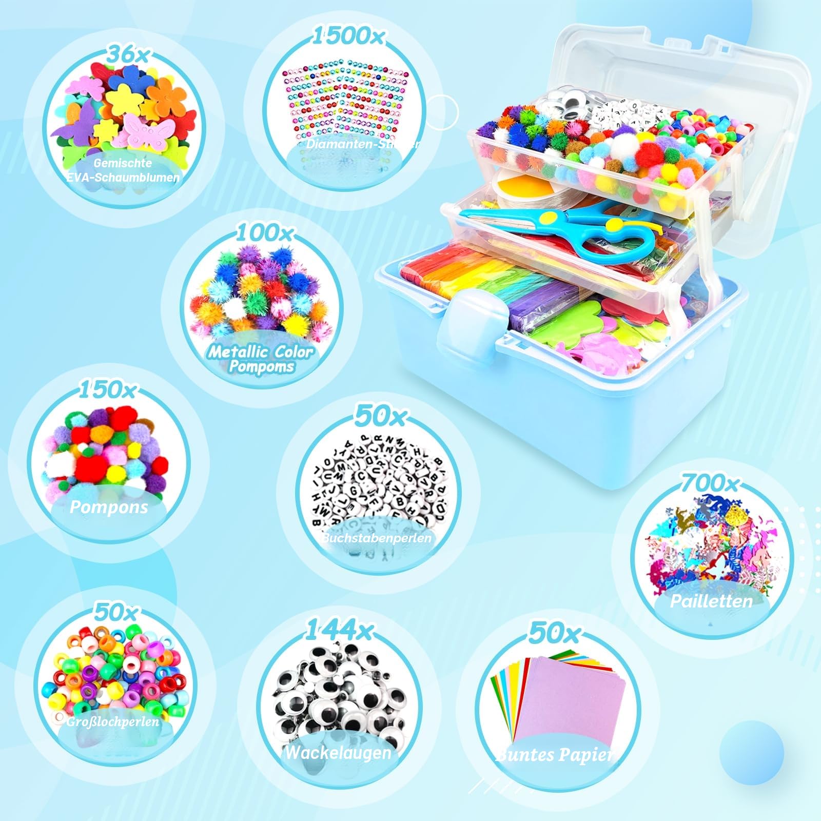 3000 Bastelset Kinder Basteln Bastelkoffer mit Pfeifenreiniger Bastelsets für Kinder im Alter von 4-6, 6-8, 8-12 DIY Schulbedarf Material Bastelbox Set Spielzeug Geschenke für Mädchen Jungen, Blau