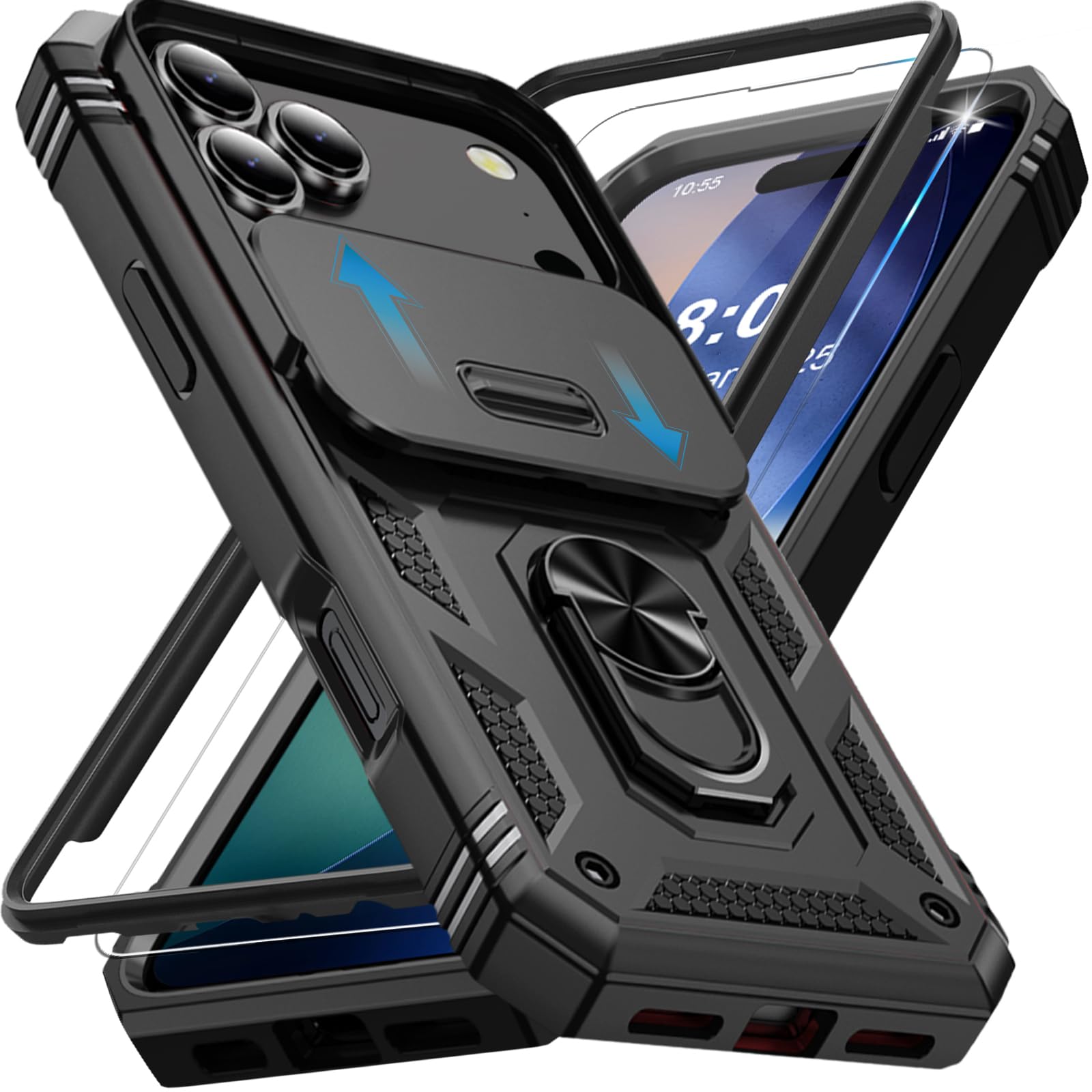Giyer Handyhülle für iPhone 17 Pro Max Hülle mit Schutzfolie, Panzerhülle Case mit Kameraschutz 360° Metall Ring Ständer Stoßfest Bumper Schutzhülle für iPhone 17 Pro Max 5G Cover Tache (Schwarz)