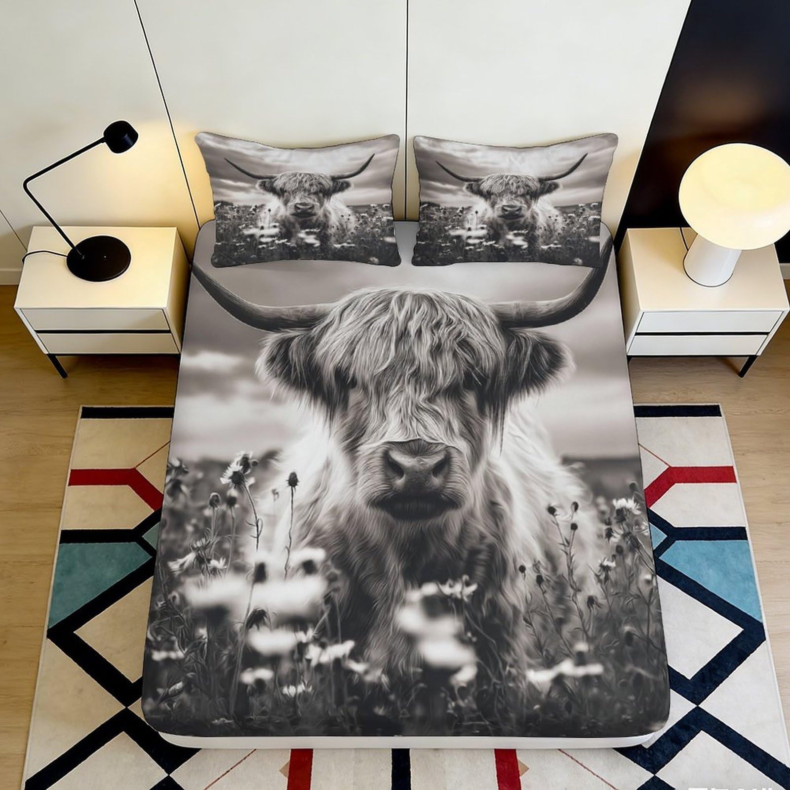 Jqzkxnhpbr Style-10 3D Printed Highland Cow Fitted Sheet Microfiber Soft Grey Pasture Bed Cover For Bedroom Dorm Mattress Protection Decor 90X200x25cm