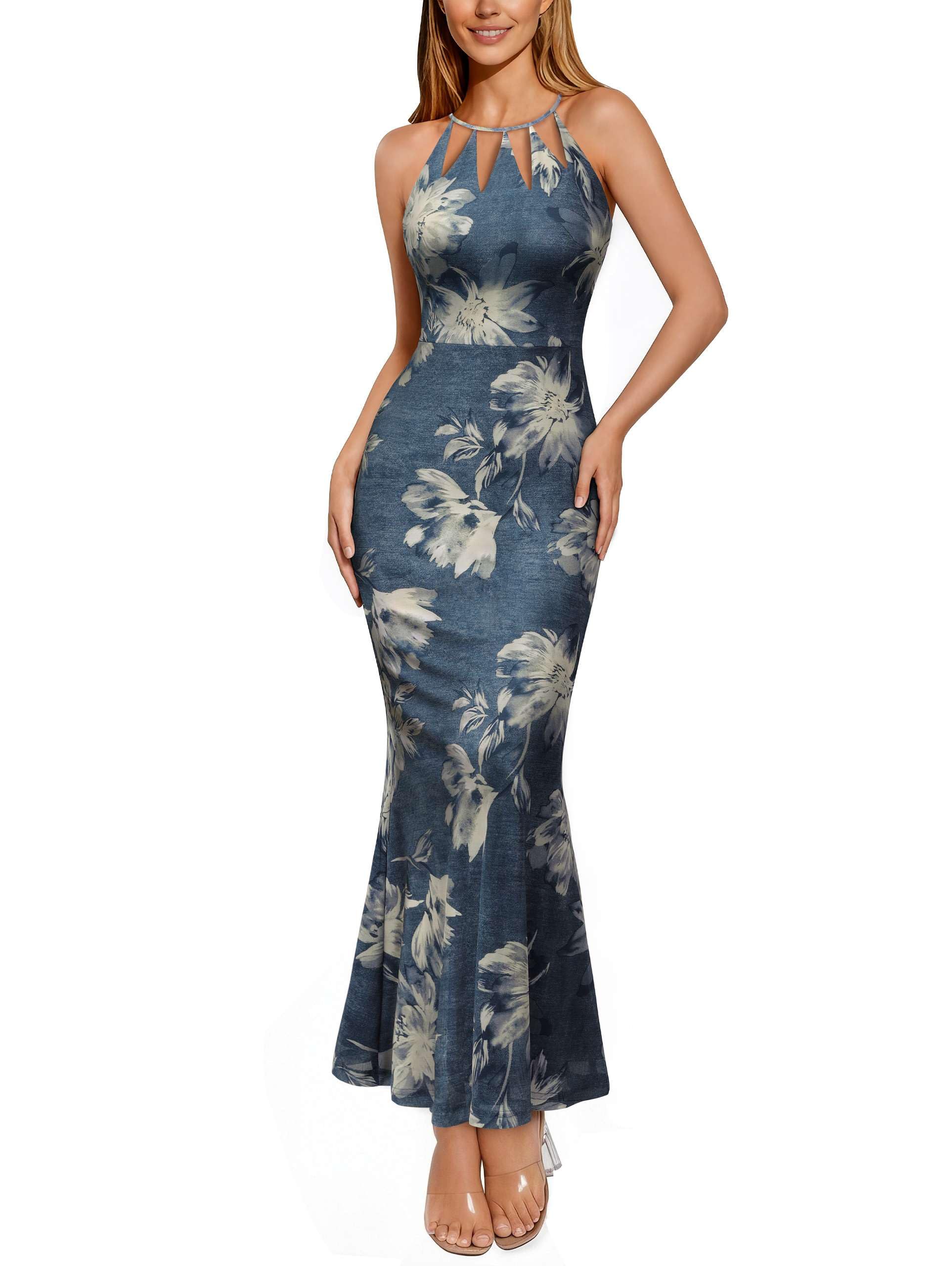 Photo 1 of VFSHOW Womens Cut Out Halter Semi Formal Wedding Guest Bodycon Dress Printed Mesh Long Cocktail Party Vacation Mermaid Dresses (Blue Floral, Large) 12757 BLU L