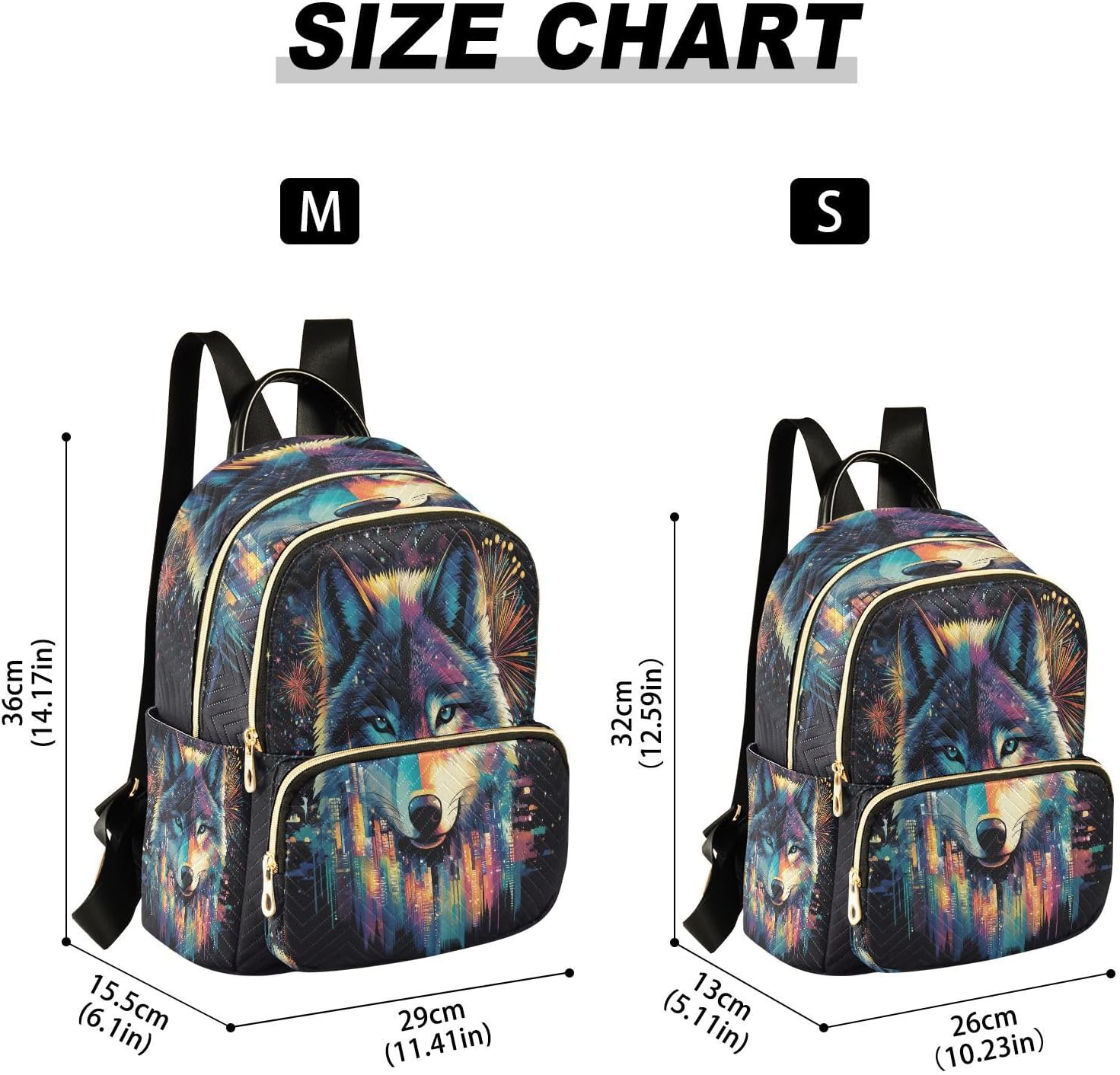 Women's Quilted Backpack Purse Colorful Wolf Face Fireworks Fashion Backpacks Casual Rucksack, Medium