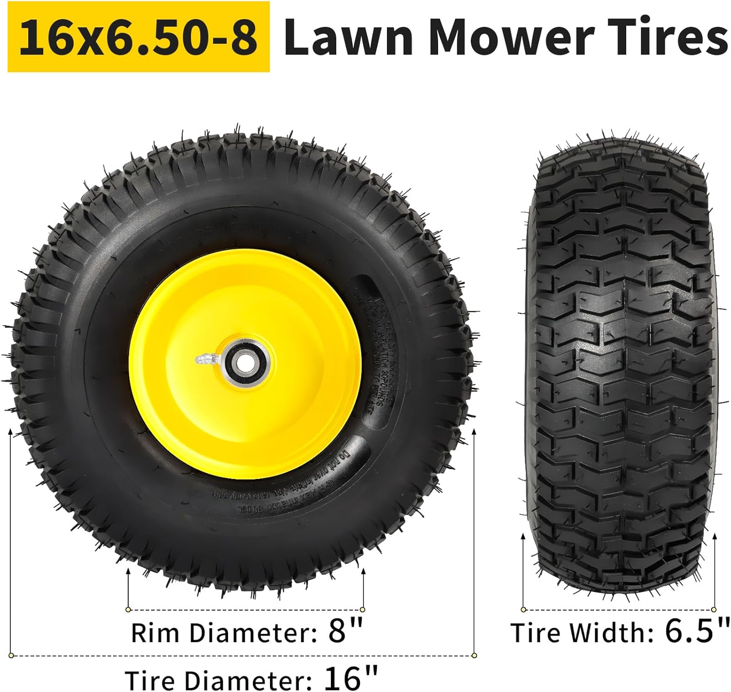 RONPOW 16x6.50-8 Tubeless Lawn Mower Tire and Wheel, [3/4 Bearing], Riding Lawn Mower and Tractor Front Tire Replacement Assembly, Compatible with john deere Mower, 3 Offset Hub, 2Pack Yellow